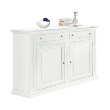 Credenza classica in legno bianco opaco con 2 ante e 2 cassetti
