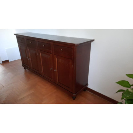 Credenza classica in legno noce lucido 4 ante 4 cassetti -196x43x96 cm