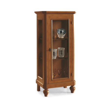 Vetrina Classica in Legno Noce Lucido con Anta e Fianchi in Vetro Decorata con motivi floreali, intarsi e piedi a spillo.