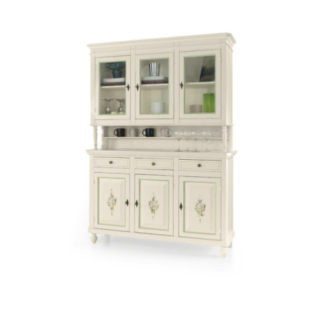 Cristalliera Classica in Legno Bianco con Finitura Lucida e Decori