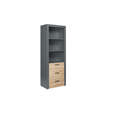 libreria elegante combina laminato grigio e quercia, con 3 cassetti spaziosi e 3 vani aperti.