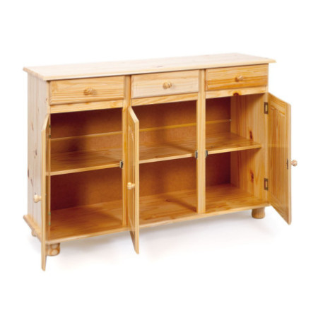 Credenza classica mobile in pino naturale con 3 ante e 3 cassetti