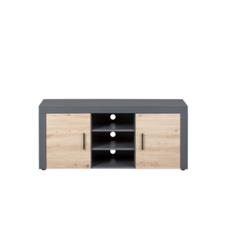 La credenza porta TV è composta da 2 ante e 3 scomparti aperti, in laminato antracite e frontale quercia, in stile moderno