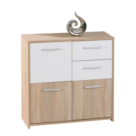 Credenza moderna in laminato rovere e bianco con 2 cassetti e 3 porte