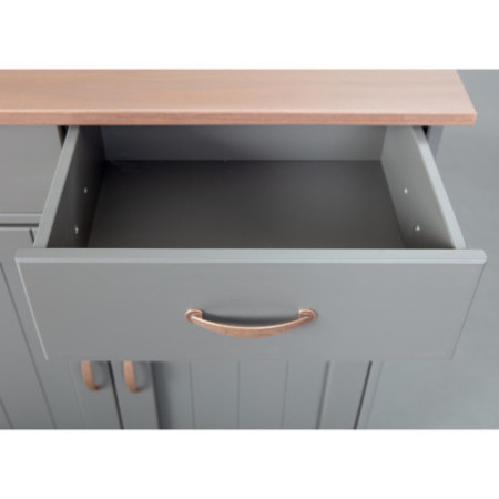 credenza in pino massello verniciato ad acqua in colore grigio, con top e finiture marrone seppia