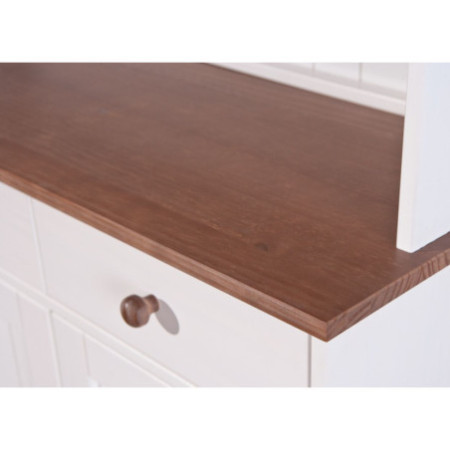 Cristalliera in pino bianco con 5 ante, di cui 2 a vetro e 3 cassetti   131x45x181 cm.