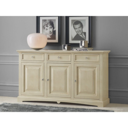 Classica Credenza in Legno Avorio Anticato con 3 Ante e 3 Cassetti