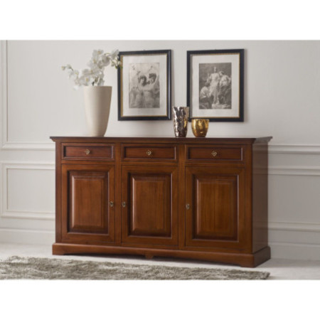 Credenza classica in legno massello noce con 3 ante e 3 cassetti