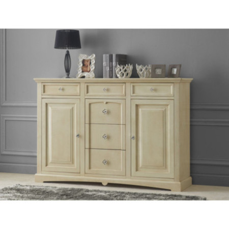 Credenza classica in legno massello avorio con 2 ante e 6 cassetti
