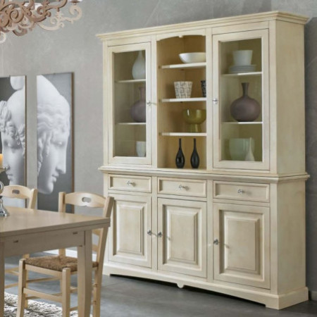 Cristalliera Classica Avorio Anticato 3 Porte 3 Cassetti 8 Ripiani misura 170x46x220 cm,