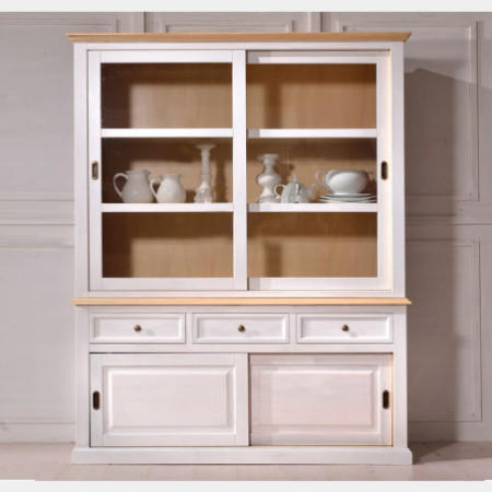 Cristalliera in Legno finitura bianco, con 4 porte scorrevoli e 3 cassetti. Modello  shabby chic in legno