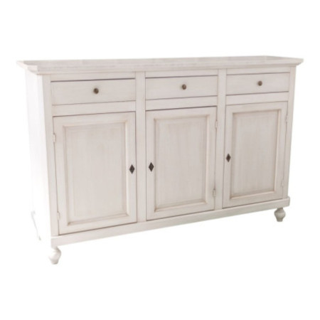 Elegante credenza classica in legno bianco anticato con 3 ante e 3 cassetti