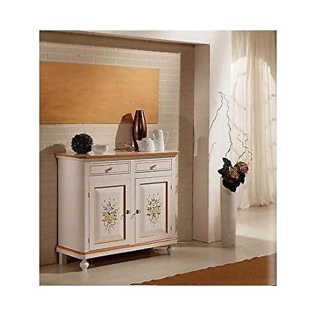 Credenza in legno Bianco Decorata Filo Arancio 105x45x98 cm