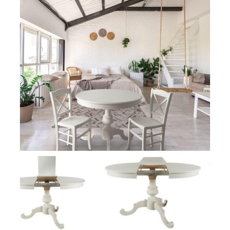 Tavolo rotondo classico in legno massello bianco opaco 100x100 cm