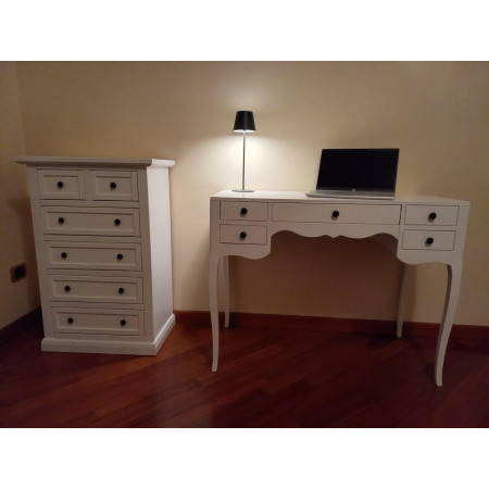 Scrittoio con 5 cassetti classica in legno massello bianco opaco