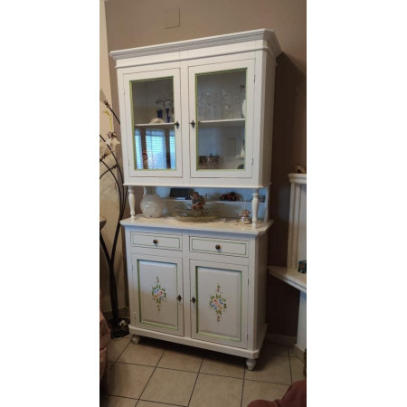 Cristalliera napoletana in legno massello con rifinitura bianco lucido e decori filo verde