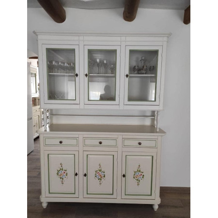 Mobile Cristalliera in Legno Bianco Decori con Vetrina e Cassetti