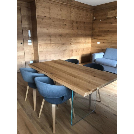 Tavolo con 4 gambe vetro, piano in legno massello 160x90x77 cm