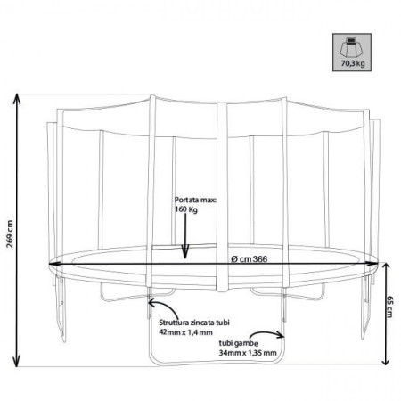 Tappeto Elastico Trampolino Diametro 366 cm Saltarello Bambini Rete
