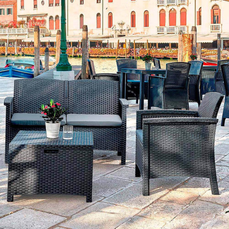 Salotto moderno in plastica da giardino terrazzo Divano e poltrone con Cuscini