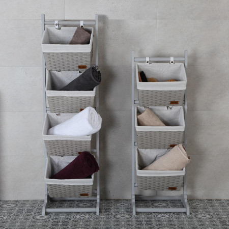 Mobiletto da bagno grigio con 4 cestini in legno rattan e tessuto