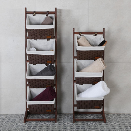 Mobiletto da bagno marrone con 4 cestini in legno rattan e tessuto