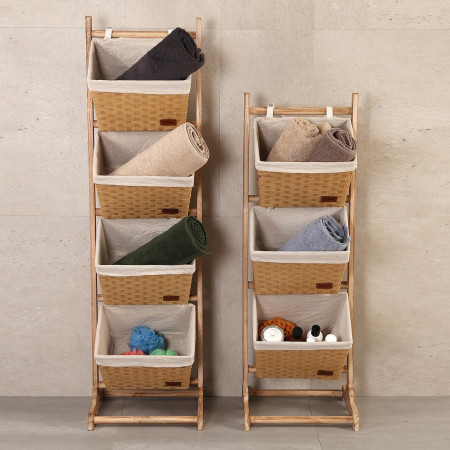 Mobiletto da bagno beige con 4 cestini in legno rattan e tessuto