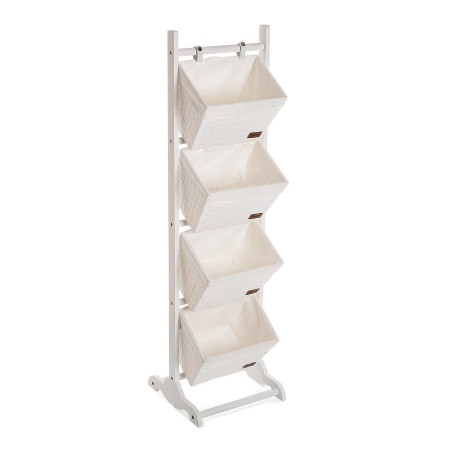 Mobiletto da bagno bianco con 4 cestini in legno rattan e tessuto