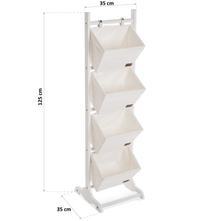 Mobiletto da bagno bianco con 4 cestini in legno rattan e tessuto