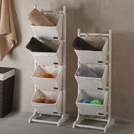 Mobiletto da bagno bianco con 4 cestini in legno rattan e tessuto