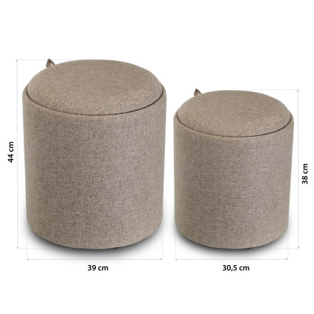 2 Pouf contenitori imbottiti beige con vassoio