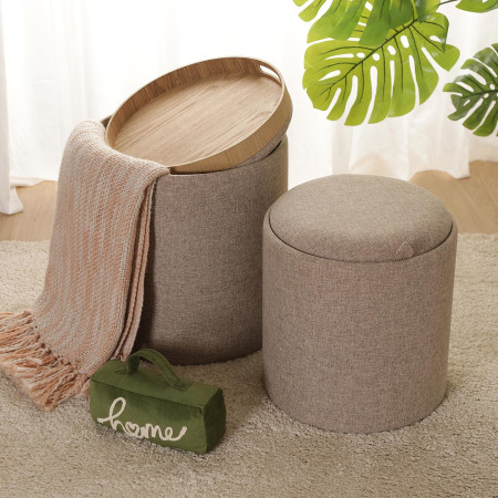 2 Pouf contenitori imbottiti beige con vassoio