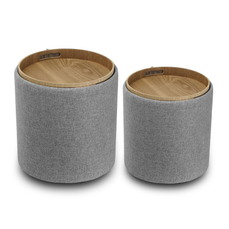 2 Pouf contenitori uno grande e piccolo imbottiti grigio con vassoio