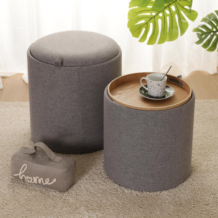 2 Pouf contenitori uno grande e piccolo imbottiti grigio con vassoio