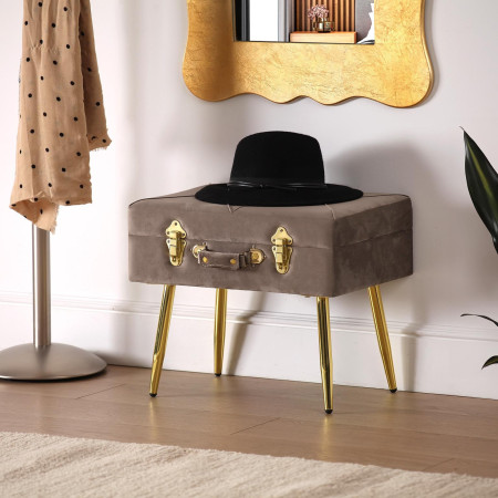 Pouf contenitore imbottito valigia velluto colore tortora