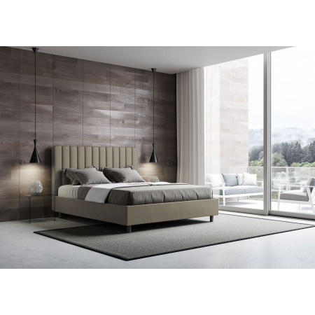 Letto moderno matrimoniale con testiera e giroletto imbottito in ecopelle cappuccino