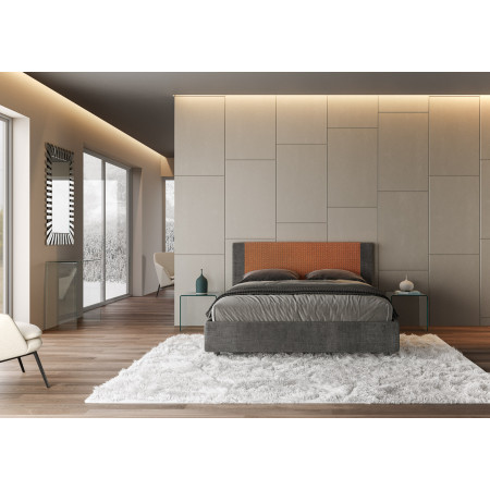 Letto contenitore matrimoniale 160x190 in tessuto bicolore arancione e grigio