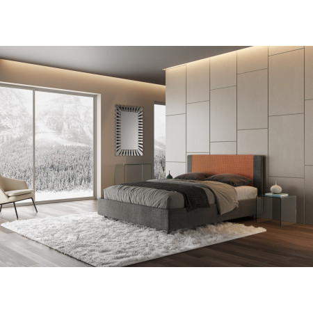 Letto contenitore matrimoniale 160x190 in tessuto bicolore arancione e grigio