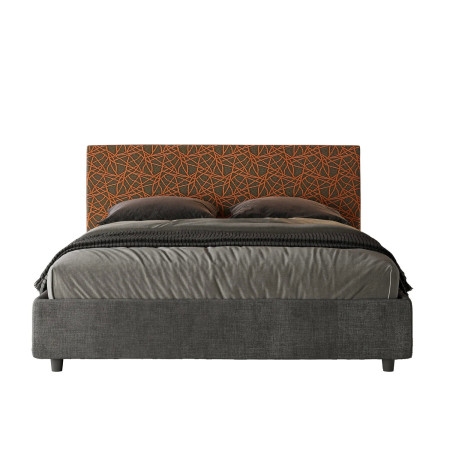 Letto contenitore matrimoniale 160x190 grigio e testiera tessuto fantasia arancione