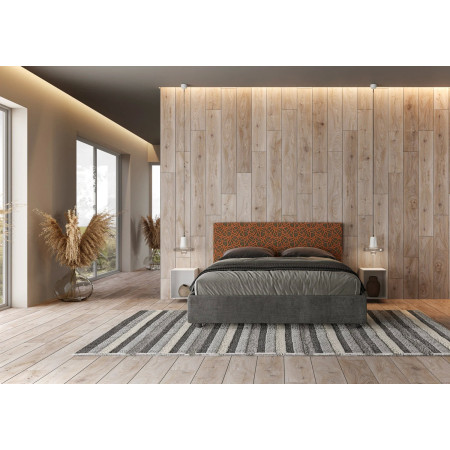 Letto contenitore matrimoniale 160x190 grigio e testiera tessuto fantasia arancione