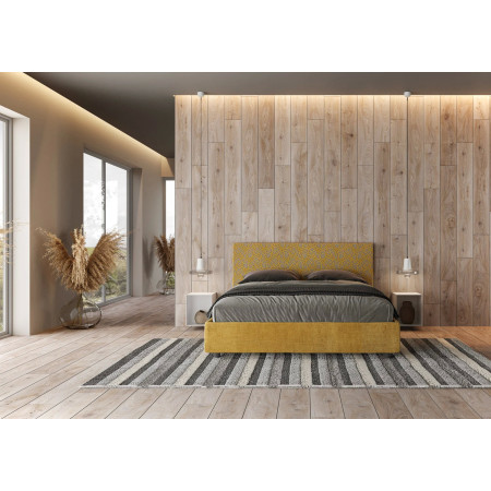 Letto contenitore matrimoniale 160x190 giallo e testiera tessuto fantasia gialla