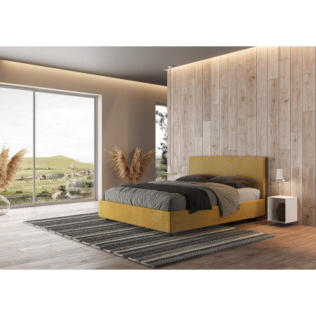Letto contenitore matrimoniale 160x190 giallo e testiera tessuto fantasia gialla