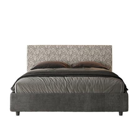 Letto contenitore matrimoniale 160x190 grigio e testiera tessuto fantasia grigia