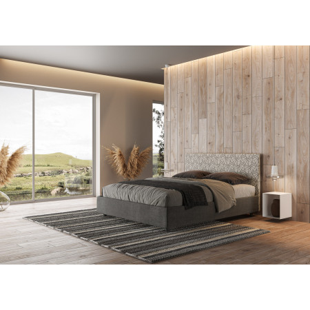 Letto contenitore matrimoniale 160x190 grigio e testiera tessuto fantasia grigia