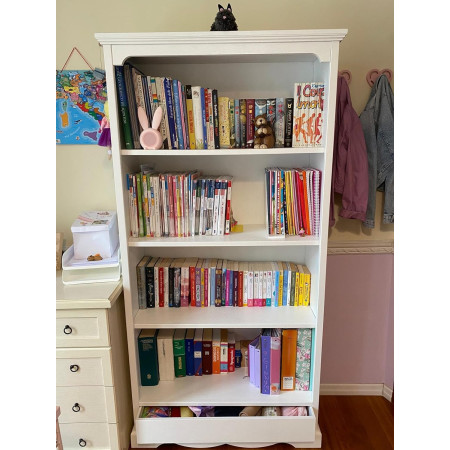 libreria in legno bianco opaco, misura 94x36x189 cm, offre 4 ripiani per organizzare libri e documenti