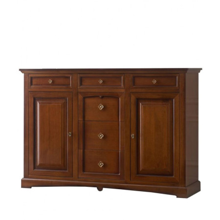 Credenza classica modello Goccia in legno massello di pioppo con finitura noce, dotata di 2 ante, 6 cassetti e 1 ripiano.