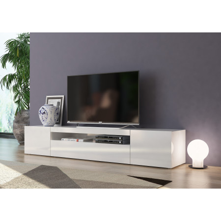 Elegante porta TV in melaminico bianco laccato lucido. Design minimalista con 2 ante a battente e 1 anta a ribalta