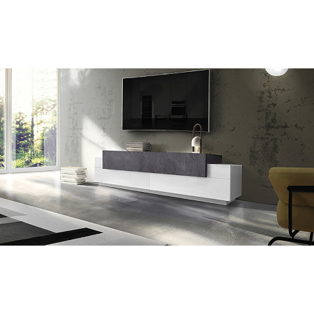 Elegante porta TV moderno con 4 ante a ribalta e un cassettone centrale colorato. Design italiano