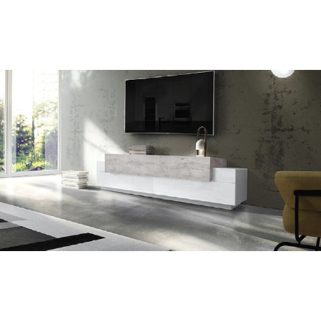 mobile porta TV da 200x45x51cm  Struttura in melaminico bianco con ante in bianco lucido e cemento