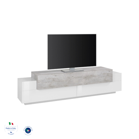 Mobile Porta TV Struttura colore Bianco Lucido e Cemento con Ante Ribalta